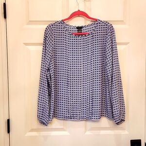 Ann Taylor Factory Top, White and Blue Pullover, Longsleeve Blouse, Medium